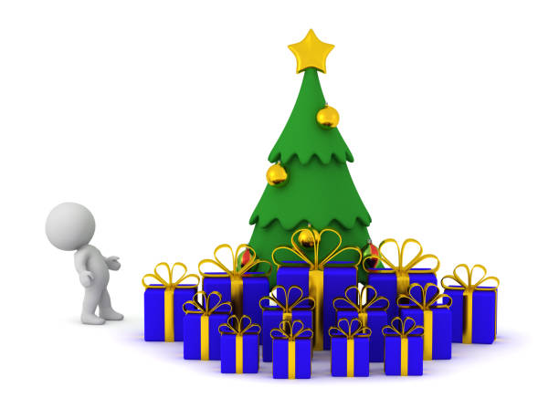 3D Character and Christmas Tree with Gifts. Isolated on white background.