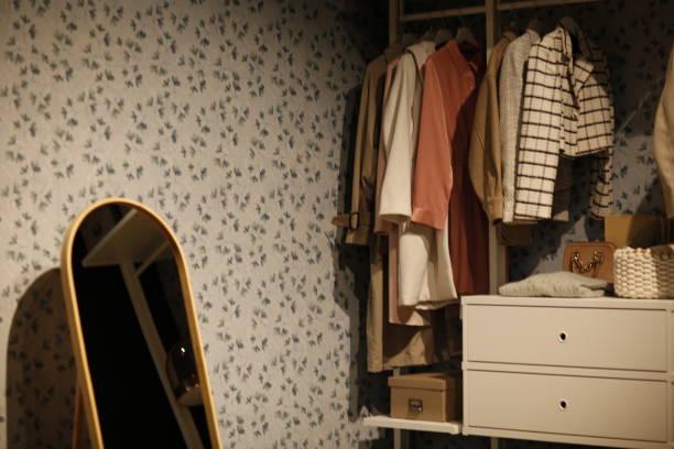 istock Stylish Closet with Modern Wardrobe and Accessories 2185938954