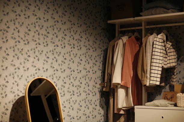 istock Stylish Closet with Modern Wardrobe and Accessories 2185938960