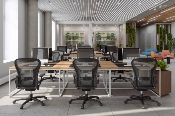 istock Modern Open Plan Office Interior With Computers, Chairs, Desks, Waiting Area And Creeper Plants 2185944057