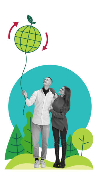 istock Couple holding globe-shaped balloon with arrows, symbolizing global collaboration and unity for sustainable and eco-friendly future. Conceptual art collage. 2185944246
