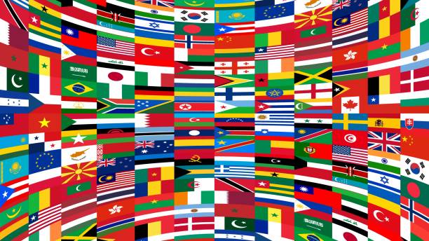istock Curved 3D screen broadcasting international flags. Worldwide news broadcast screensaver. Horizontal vector banner 2185945687