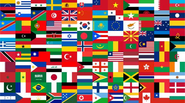istock Set of international flags combined into a horizontal banner HD format. Flags of world countries united in banner. Vector 2185945792