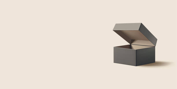 istock Black stylish open box for goods. 3D realistic box with lid. Packaging and branding of goods. Modern banner. Vector illustration. 2185949530
