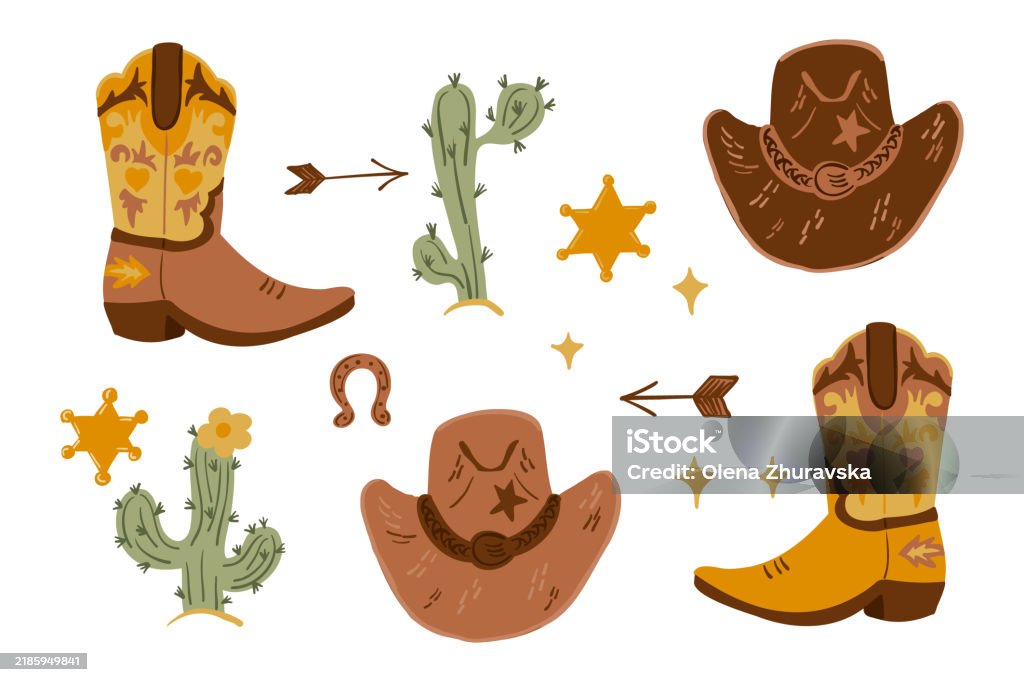 Cowboy Bool Visual Drawing Vector Set Of Cowboy Illustrations With Boots Stock Illustration ...
