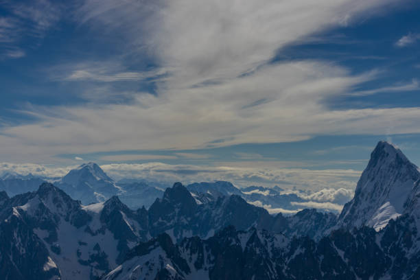Snow mountains view in the Alps from Aiguille du Midi summit. Rocky mountain peaks scene covered with snow and ice of huge alpine glacier on the massive du Mont Blanc range in Chamonix