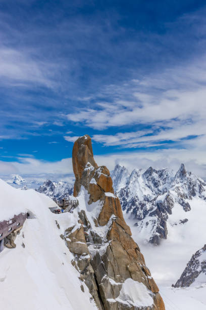 Snow mountains view in the Alps from Aiguille du Midi summit. Rocky mountain peaks scene covered with snow and ice of huge alpine glacier on the massive du Mont Blanc range in Chamonix