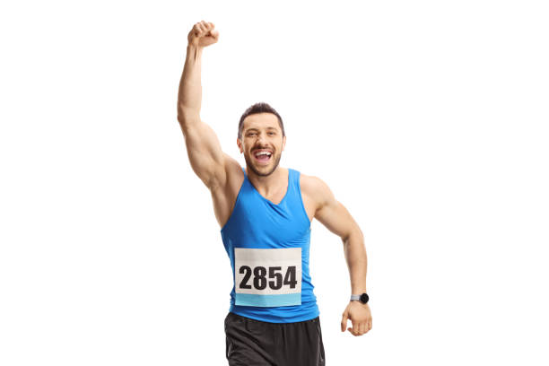 istock Man running a marathon and gesturing happiness 2185977459