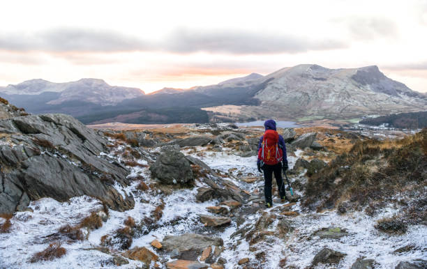 Back view HIker standing and looking to majestic winter landscape background