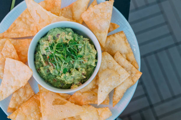 Corn Tortilla Chips and Guacamole as a Sharing Appetizer