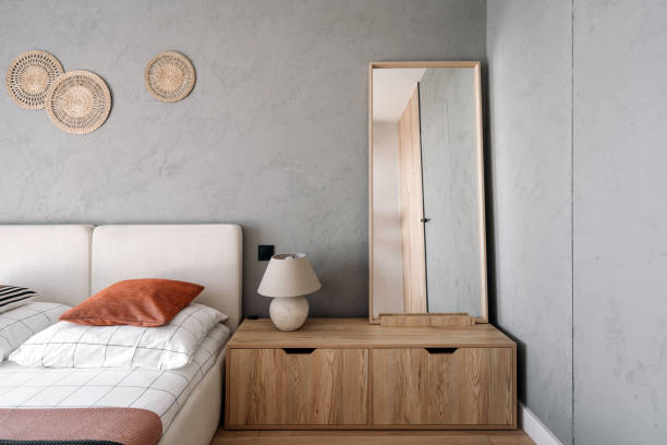 istock Modern bedroom featuring elegant decor and minimalist design in soft tones 2185993764