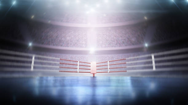 Dynamic sports background. 3D boxer arena with viewers. Empty boxing ring under lights. Full tribune. Wide angle. Accent in the center of the background