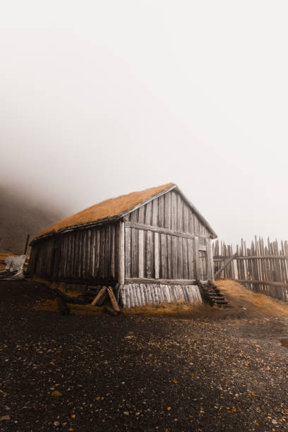 Fog rolling over viking longhouse in iceland
