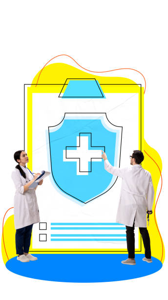 istock Contemporary art collage. Two doctors discussing large shield icon with medical cross, symbolizing health protection, teamwork, and concept of insurance. 2186038162