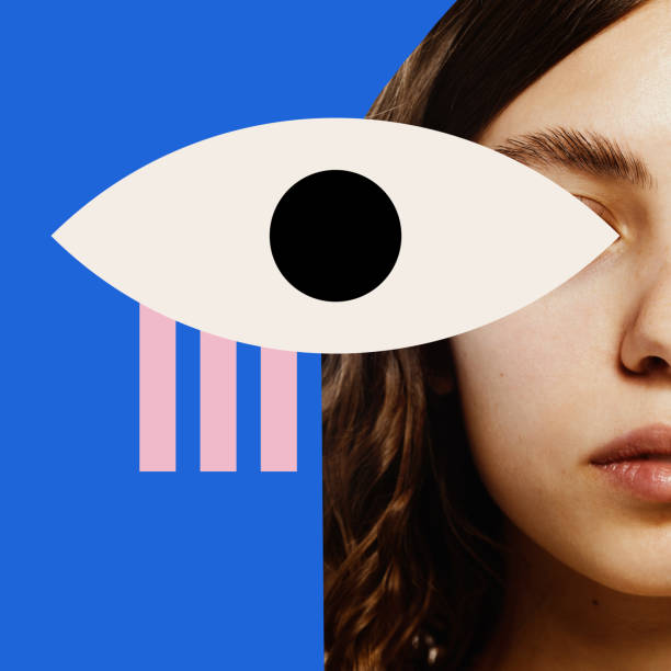 Contemporary art collage. Creative composition of young woman's face partially covered with abstract eye design. Vibrant colors and minimalist style. Concept of beauty, appearance, individuality.