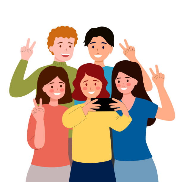 grupa wesołych młodych przyjaciół pozuje do selfie w płaskim projekcie na białym tle. - tylko nastolatki obrazy stock illustrations