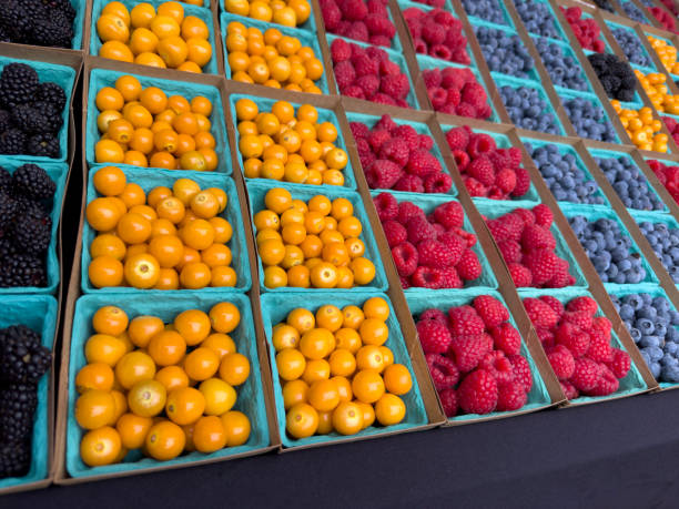 istock turquoise baskets of brightly colored berries. Lulo fruit, red raspberries, and blueberries 2186067335