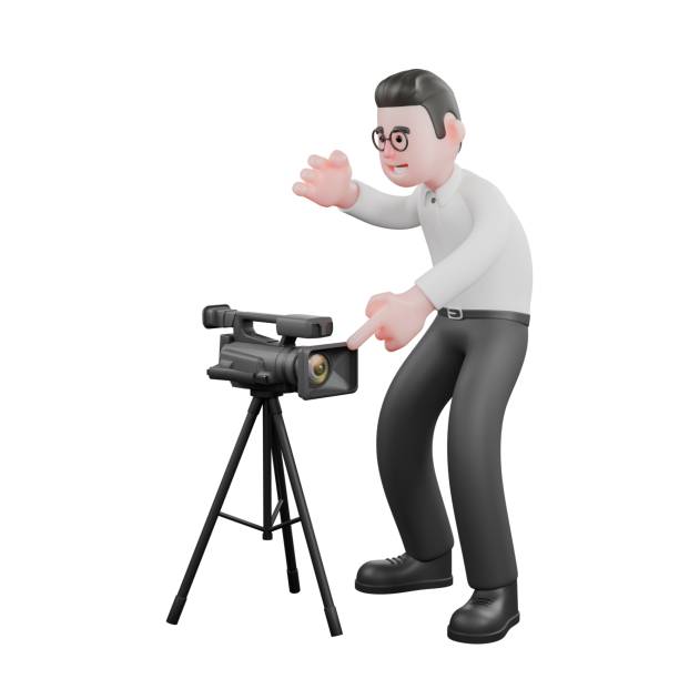 istock Creative 3D Model. A male producer bends over with his right hand waving his hand, and points towards the video camera with his left hand, while showing a panicked expression. Director Model 2186069607