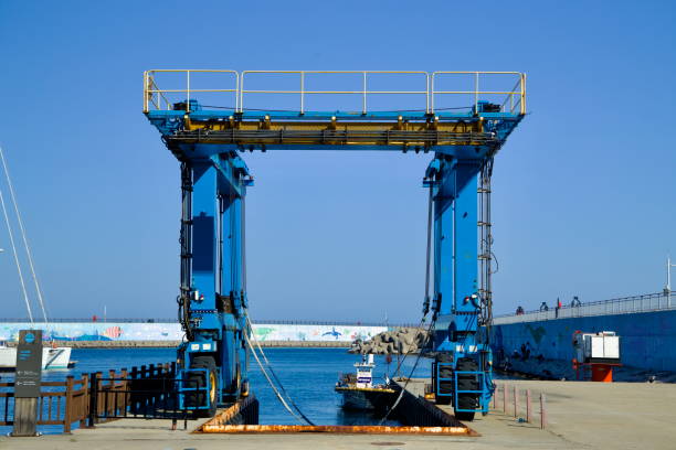 San Juan, Puerto Rico - March 26, 2024: Close up of a boat lift crane in the harbour of San Juan, Puerto Rico