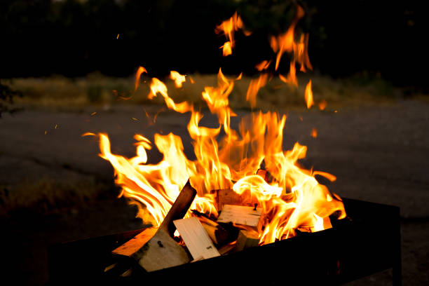 Close up of fire flames in barbecue
