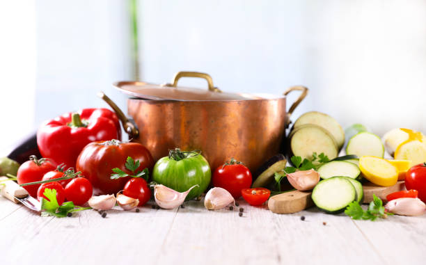 casserole with raw vegetables for cooking soup or other meal