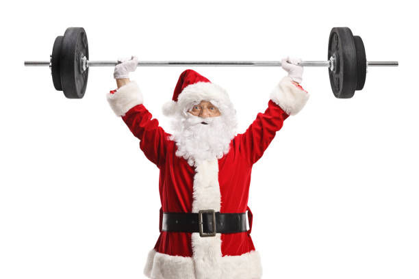 Santa claus lifting weights isolated on white background