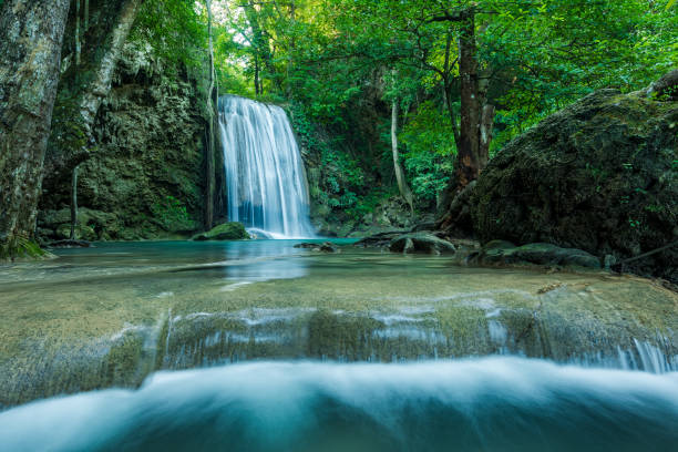 istock Panoramic beautiful deep forest waterfall in Thailand. nature background. 2186121442
