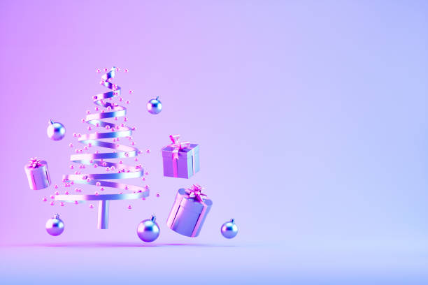 istock Christmas tree, ornaments and gift boxes flying on neon lighting background 2186122830