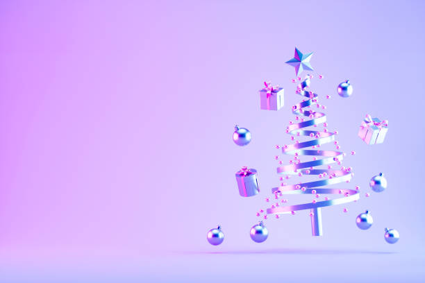 istock Christmas tree, ornaments and gift boxes flying on neon lighting background 2186122905