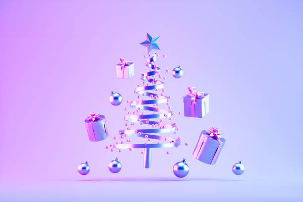 istock Christmas tree, ornaments and gift boxes flying on neon lighting background 2186122966