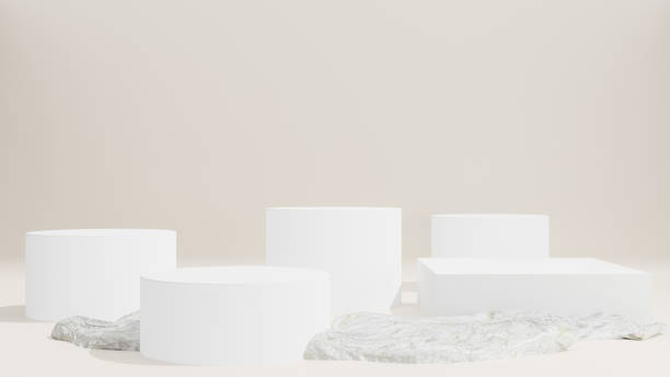 istock 3d rendering. White geometric shapes podium and rock for premium products display, nature advertising cosmetic concept on white background. 2186123326