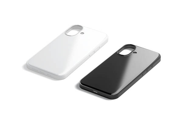 istock Blank black and white glossy phone case mockup, side view 2186124359