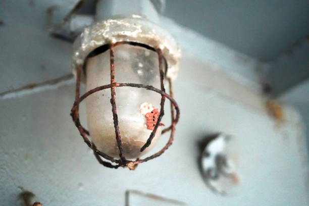 Macro shot of a vintage valve embedded in a handcrafted lamp made from charred wood. A detailed industrial element captured with shallow depth of field.