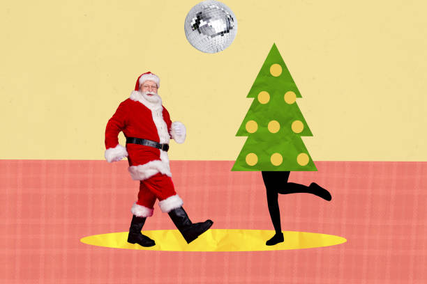 Composite art 3d creative image collage of happy old man santa claus dance new year tree costume disco ball party occasion