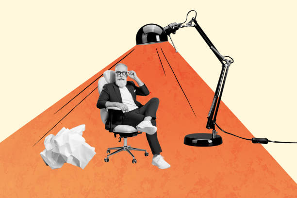 istock Creative 3D photo collage trend artwork template of worker office manager aged man sit armchair ball paper trash lamp light creative 2186137487