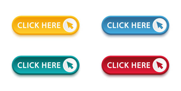 ilustrații de stoc cu click here button with arrow pointer clicking icon. click here vector web button. web button with action of arrow pointer. click here, ui button concept. vector illustration - buton