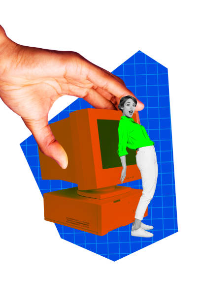 istock 3D collage design composite trend artwork sketch of cyberspace computer obsolete monitor miniature young lady omg face stand hand hold 2186143854