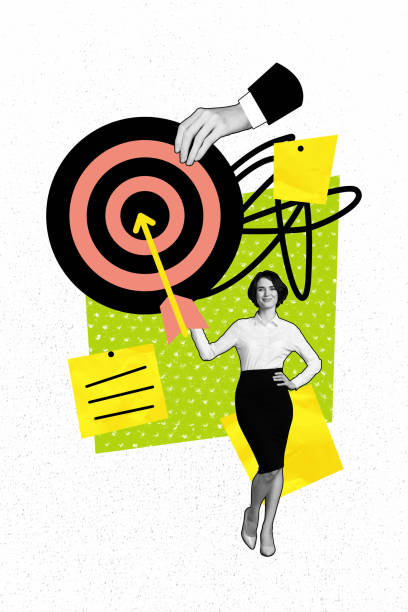 istock Composite trend artwork sketch image photo collage of copyspace young lady candidate hr business hand hold arrow achieve goal success note 2186144107