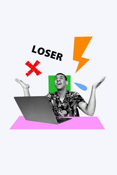 istock Composite trend artwork sketch image photo collage of copyspace bolt cross young guy confused cry bad mood work laptop loser cyberbully 2186146086