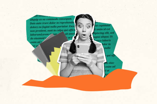 istock Creative composite sketch design artwork collage of student young lady shocked staring smartphone news book library education textbox page 2186147435