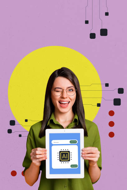 Vertical photo collage of happy girl hold ereader device ai intelligence app webpage icon helper intellect isolated on painted background