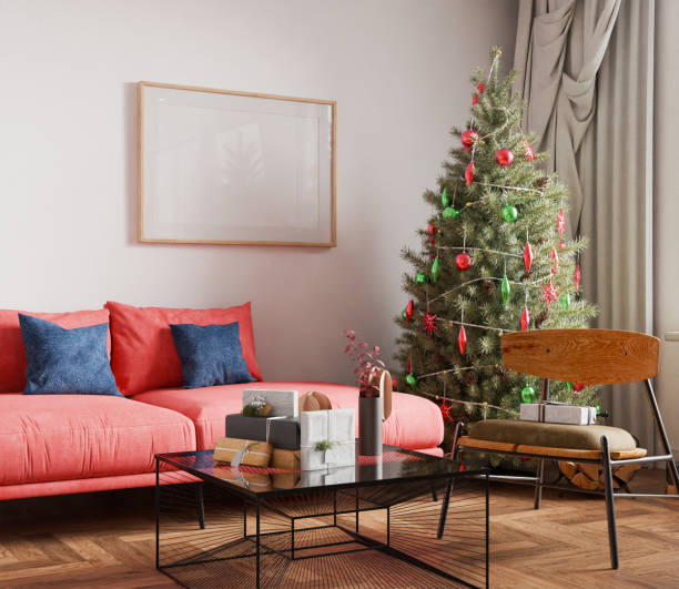 istock Christmas interior frame, living room poster empty in home design new year, one picture element mockup annual holidays, 3d render 2186150175