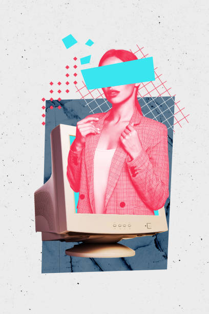 istock Composite trend artwork sketch image photo collage of anonymous young lady appear hand gesture  hold suit computer monitor display blind 2186150306