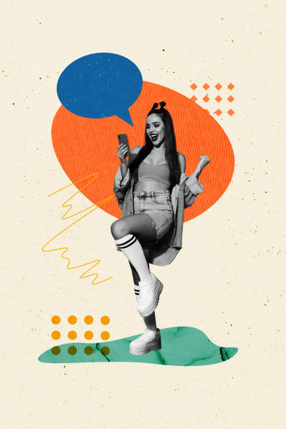 istock Composite trend artwork sketch image photo collage of cyberspace hand gesture model posing young lady attractive stand hold smartphone 2186150318