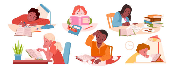dětská studijní sada, vzdělávací scénky se studenty, chlapci a dívky sedící v lavicích - domácí úkol stock ilustrace