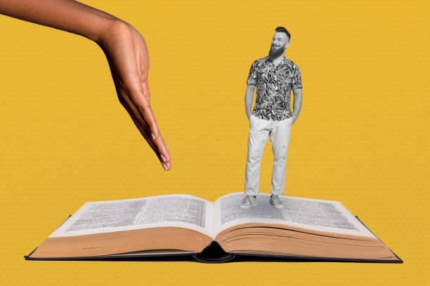 Composite 3D collage trend artwork template design of huge book paper page hand gesture showing miniature young guy hipster stand
