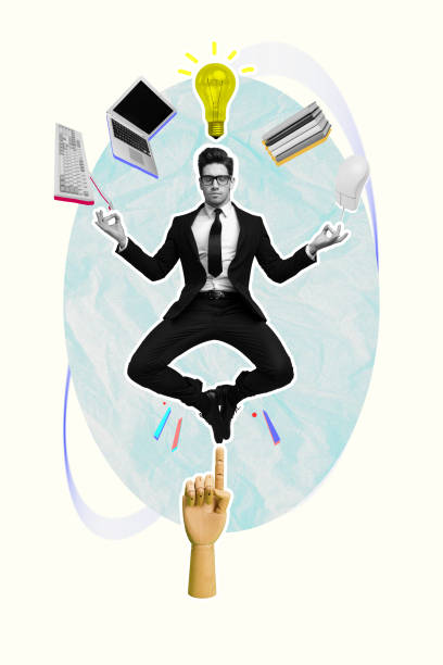 istock Sketch design trend artwork poster 3D photo collage of multitasking young guy levitate balance yoga calm laptop keyboard idea finger point 2186156814