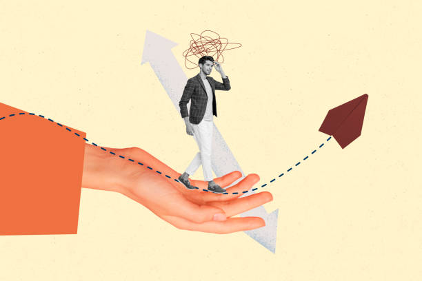Creative collage young man walk entrepreneur palm hand direction way path paper airplane flight arrow puzzled minded drawing doodles