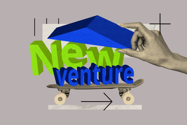istock Composite trend artwork sketch image photo collage of new venture business work project startup hand hold roof skateboard ride route 2186159843