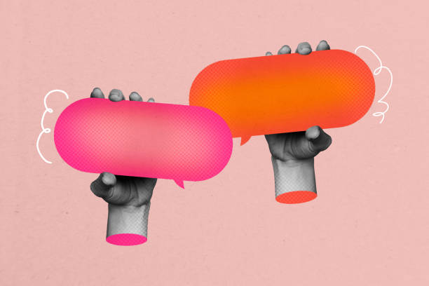 istock Creative retro 3d magazine collage image of hands hold bubble communication colorful speech cloud conversation phrase conversation 2186160200